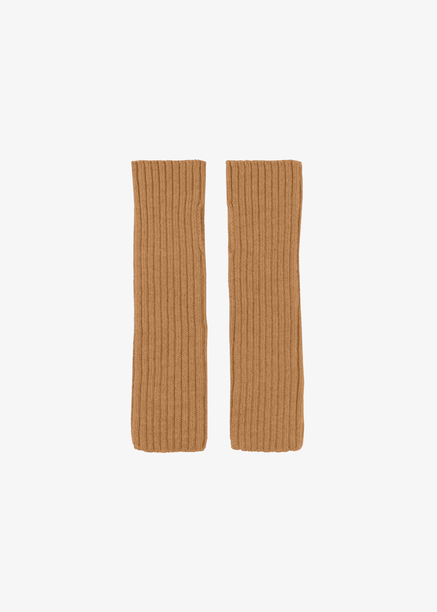 Pair of ribbed brown arm warmers on a white background
